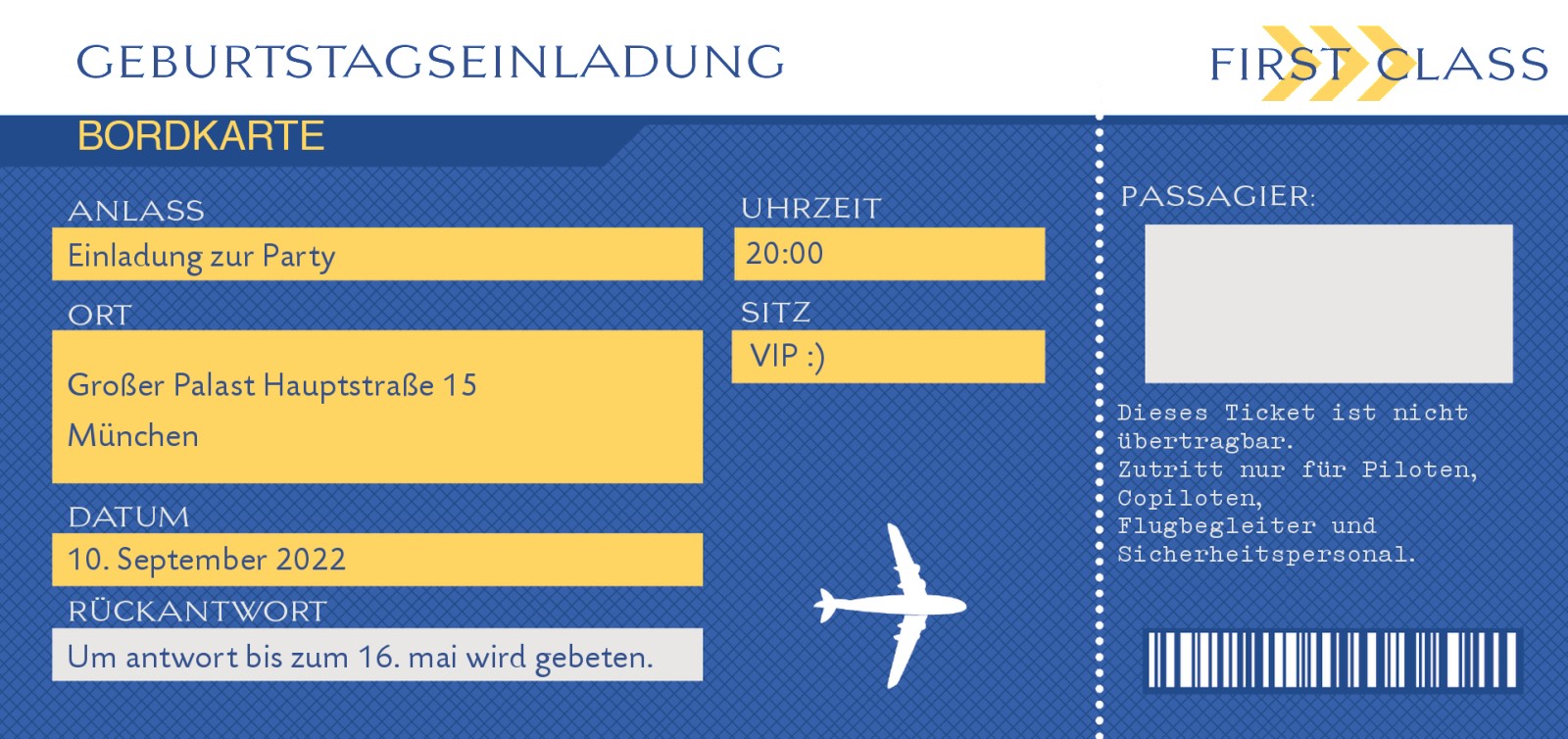 Einladung Geburtstag Flugticket - Einladungskarten zum 16 ...